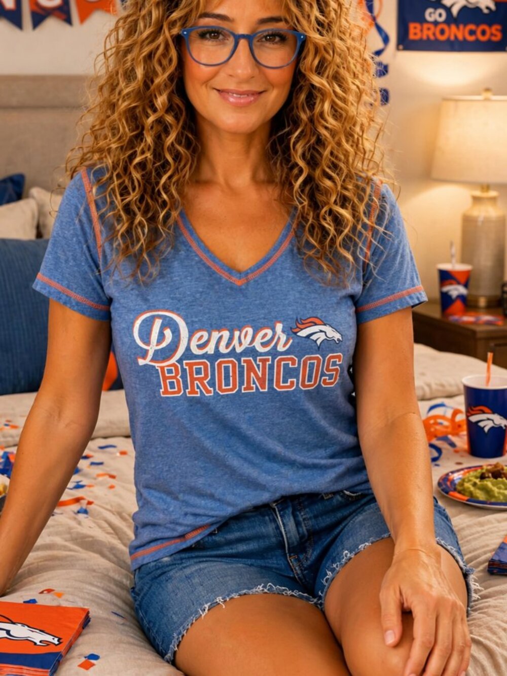 Large Women's Denver Broncos Shirt Short Sleeve NFL Football Top V Neck Blue